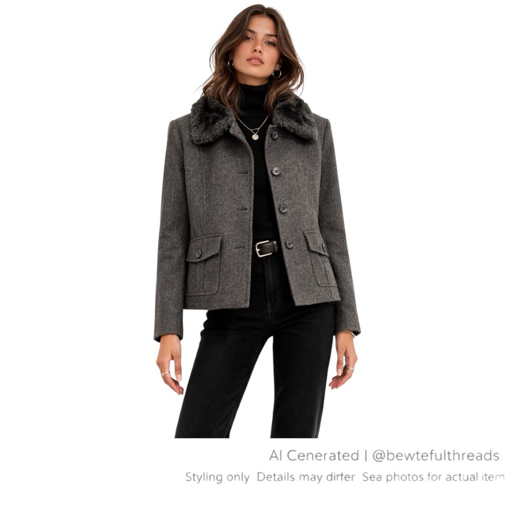 Vintage 90s Minimalist Wool Blend Jacket Faux Fur Collar heathered Gray M